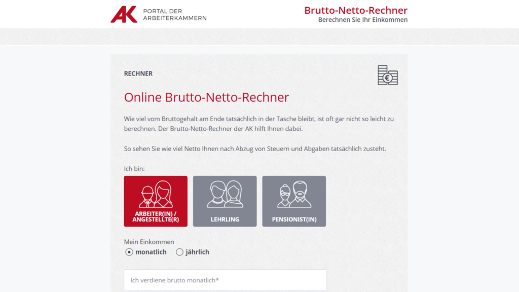 Калкулатор на Arbeiterkammer за нетна заплата в Австрия
