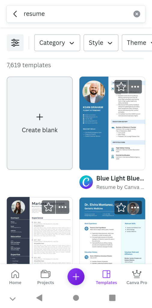 Безплатна бланка за CV на Canva - екранна снимка